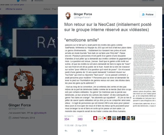 Capture d'écran des propos de GingerForce1.