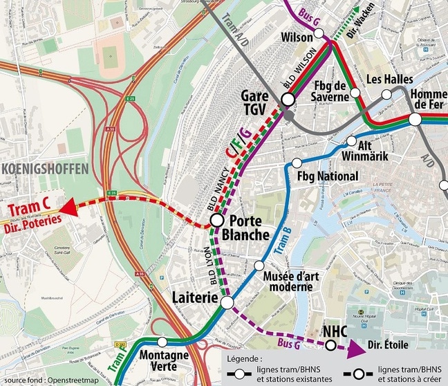 La proposition de tracé du collectif veut raccorder la gare à l'ouest directement (doc remis)