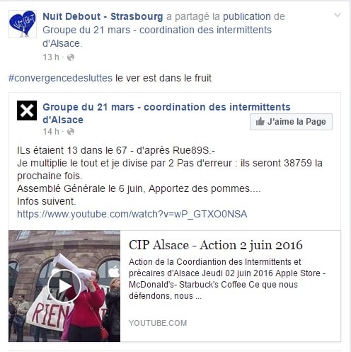 Nuit Debout affirme son soutien aux intermittents en relayant leurs actions. (capture d'écran)