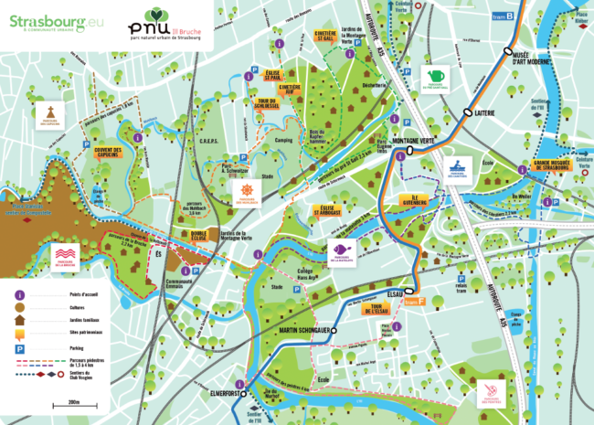 Carte des parcours de balades dans le PNU Ill-Bruche (Doc. Ville de Strasbourg)