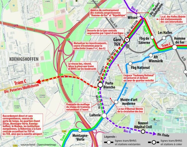 Le tracé proposé par le collectif pour le tram à Koenigshoffen (doc remis)