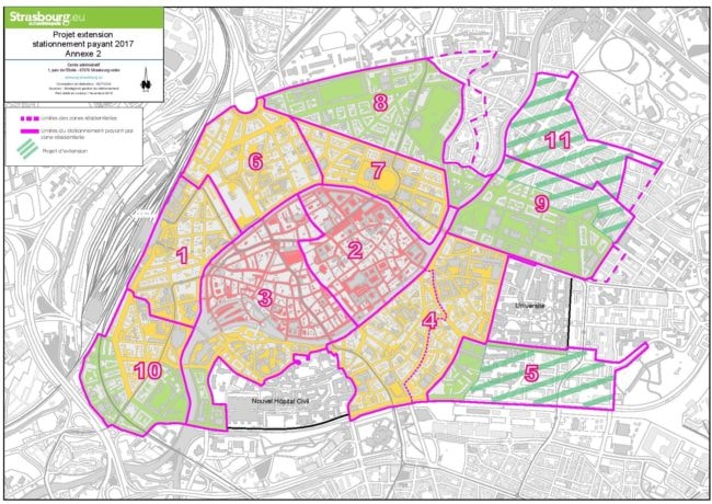 La nouvelle carte du stationnement payant à Strasbourg. En pointillé, les zones où le stationnement reste gratuit mais où les habitants peuvent demander un abonnement pour se garer dans les rues voisines (doc Ville de Strasbourg)