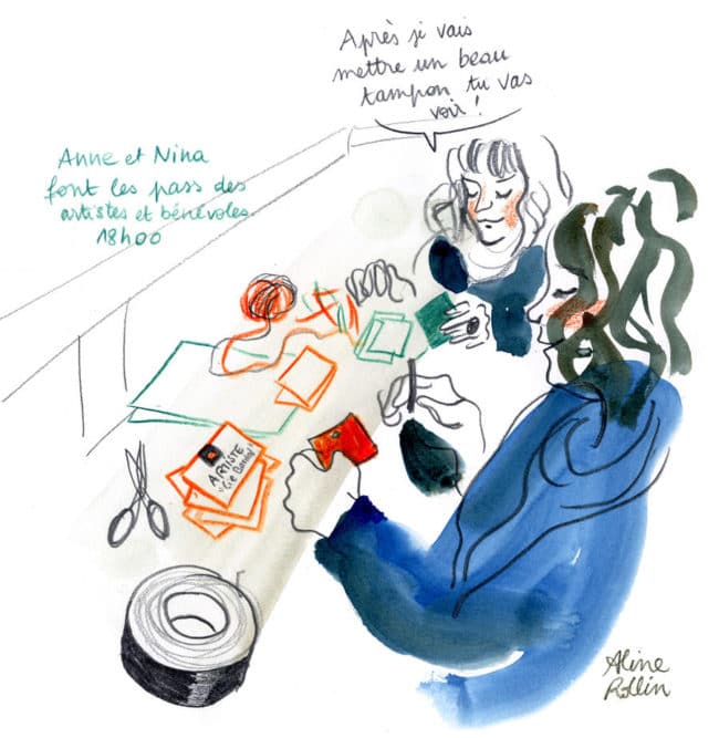 Anne et Nina font les pass des artistes et des bénévoles / Live sketching (Illustration Aline Rollin)