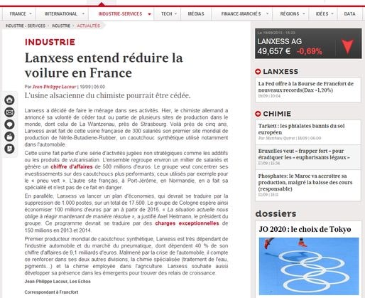 Lanxess réduit la voilure (Les Echos)