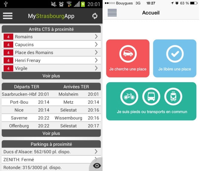 Écran d'accueil de MyStrasbourg (à gauche) et Parkiz.