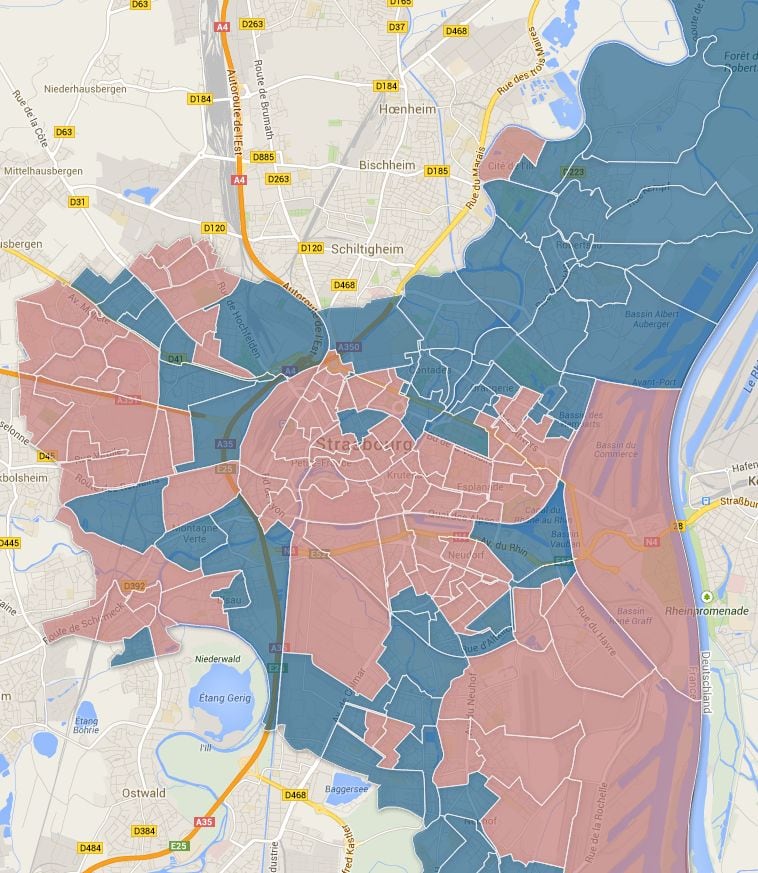 Les bureaux rose à majorité pour Roland Ries, et bleu, pour Fabienne Keller, à l'issue du second tour des élections municipales (carte Raphaël Da Silva)