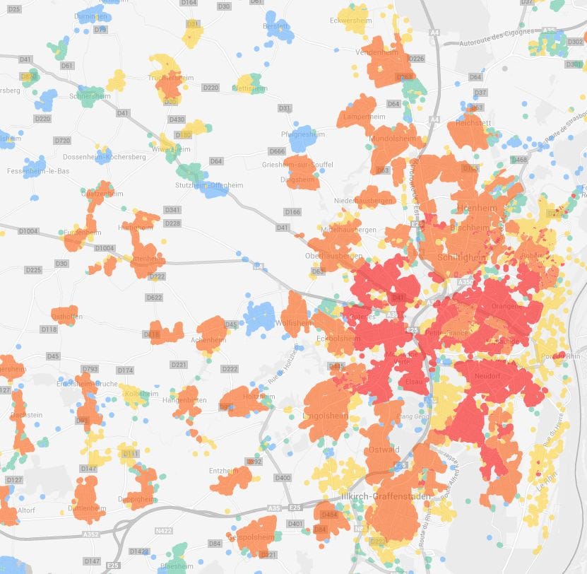 L'accès à l'Internet haut débit à Strasbourg, en rouge. (carte Observatoire France THD)