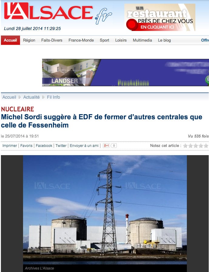 Un député UMP plaide pour éviter la fermeture de la centrale de Fessenheim