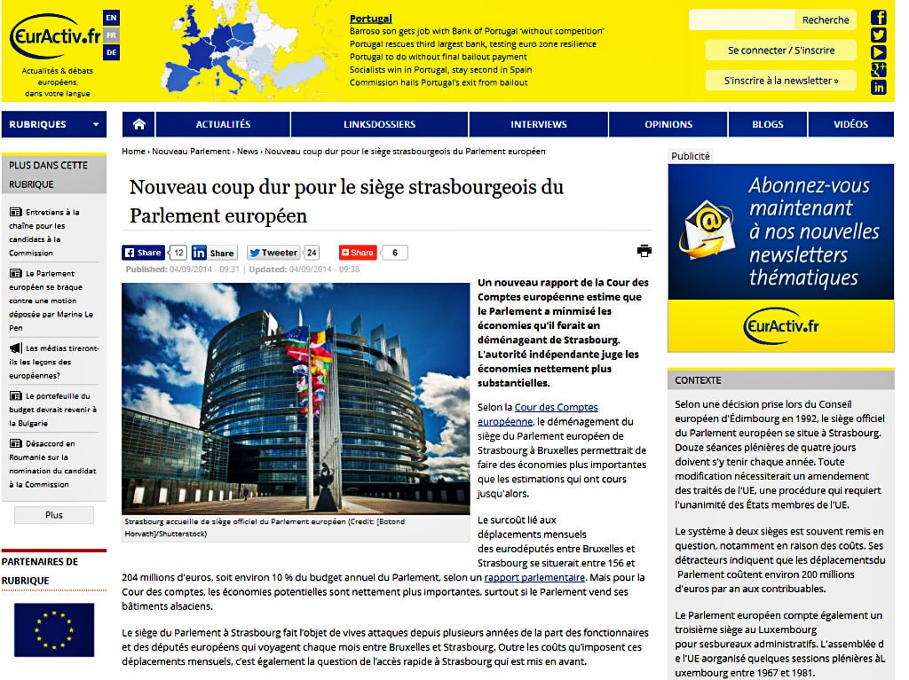 114 millions par an, le surcoût des deux sites du Parlement européen