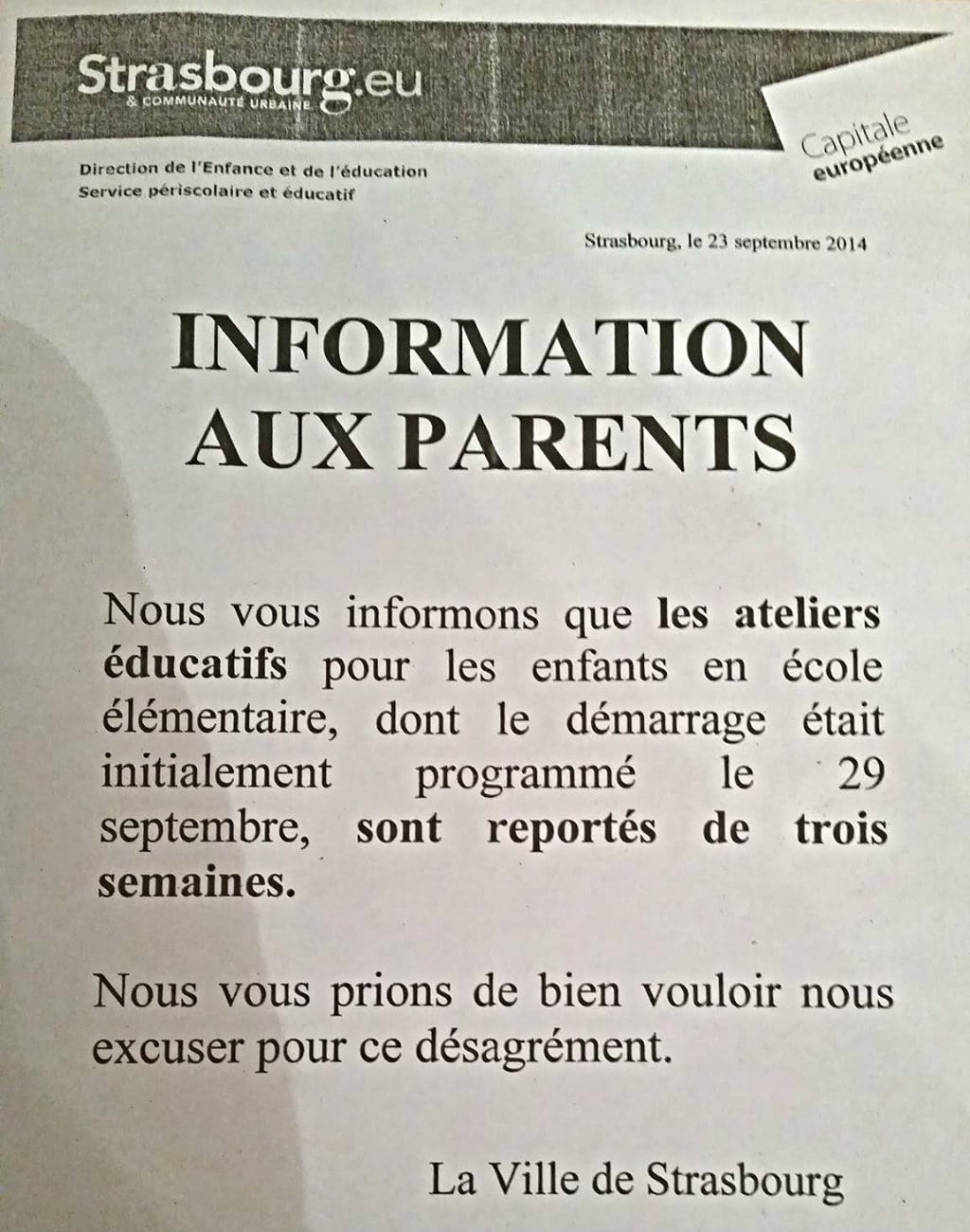 Trois semaines de report des activités scolaires dans deux écoles strasbourgeoises