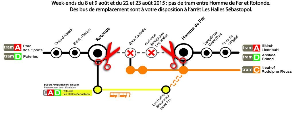 Pas de tram entre Homme de Fer et Rotonde les week-ends du 8 au 9 août et du 22 au 23 août