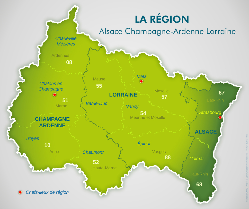 La grande région Alsace Lorraine Champagne Ardennes doit aller de la Seine au Rhin (carte préfecture du Bas-Rhin)