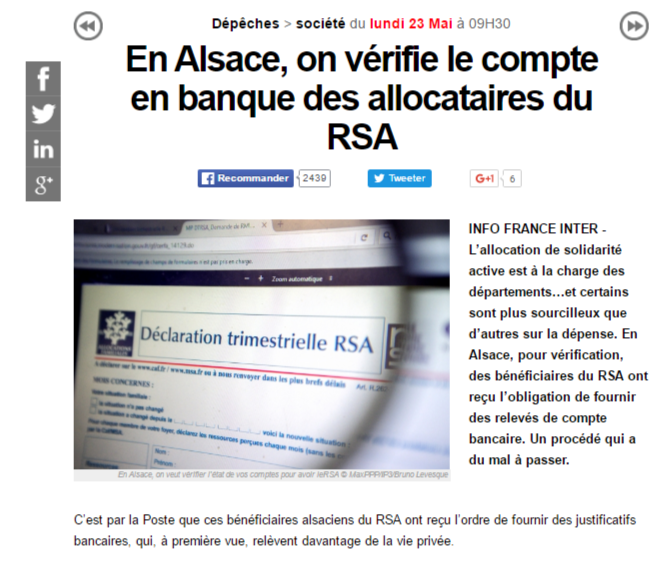 Le Haut-Rhin demande à son tour les comptes bancaires des bénéficiaires du RSA