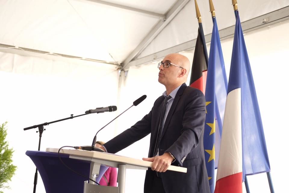 Frédéric Bierry lors de son discours vendredi 28 avril à Kehl (Photo CD 67/ Facebook)