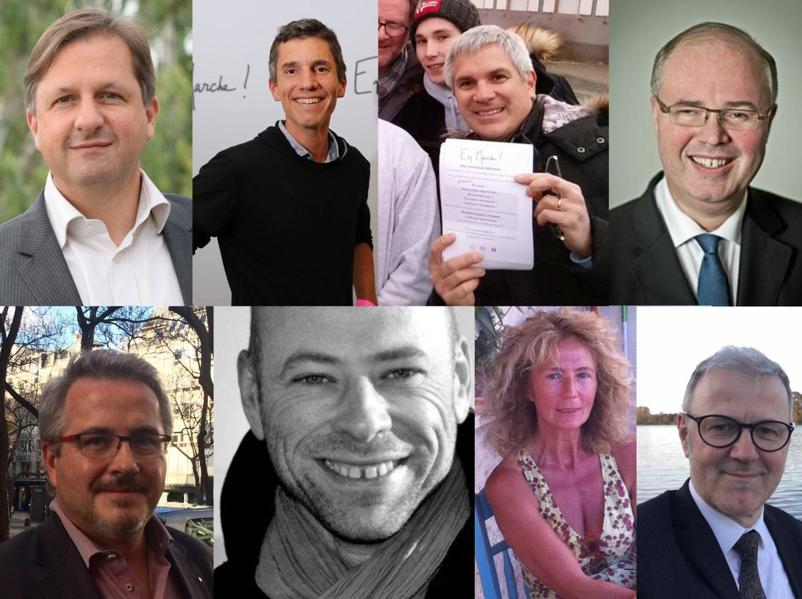 Des candidats de République en Marche en Alsace. De g. à d., en haut : Sylvain Weserman (67-2), Bruno Studer (67-3), Thierry Michels (67-1), Patrick Striby (68-2). En bas : Christian Gliech (67-8), Vincent Thiébaut (67-9), Martine Wonner (67-4), Guy Salomon (67-6). (Photos Facebook)