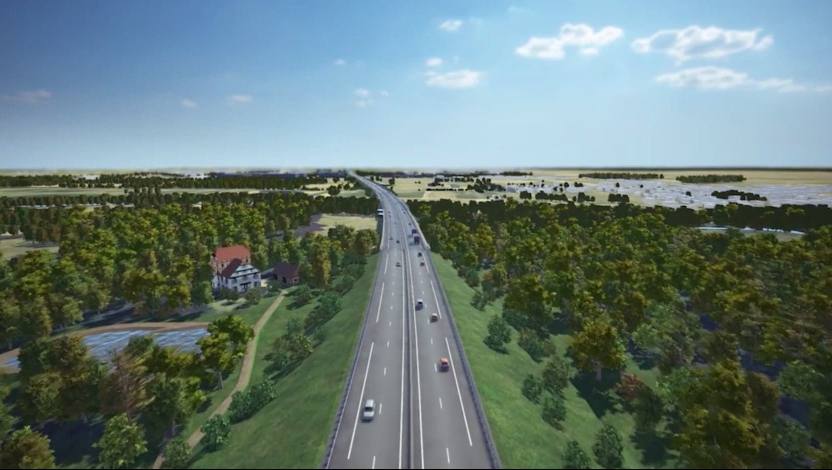 Vue simulée du futur viaduc de la Bruche sur un remblai, à travers la forêt de KolbsheimA (capture d'écran, vidéo de présentation par Vinci)
