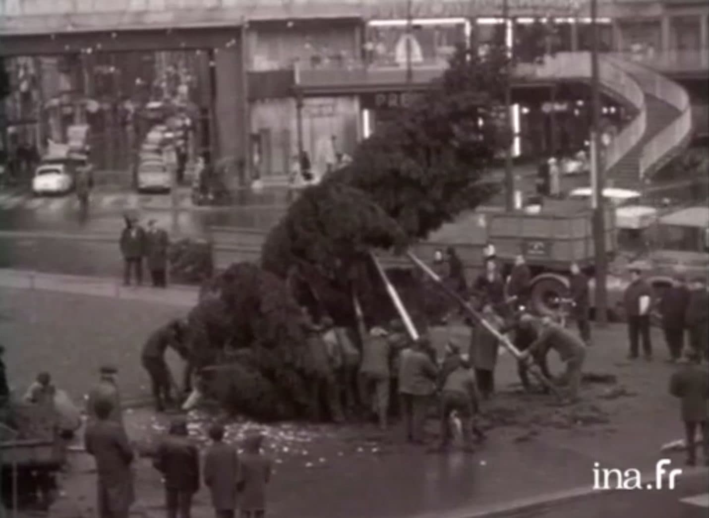 Installation d'un grand sapin place de l'Homme de Fer à Strasbourg. Une tradition qui remonte à... 1492 ! (capture écran INA)