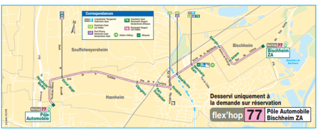 La ligne Flex'hop 77 entre le pôle automobile de Souffelweyersheim et la zone d'activité de Bisccheim ne fonctionne que sur réservation au 0800 800 169 - appel gratuit (document CTS)