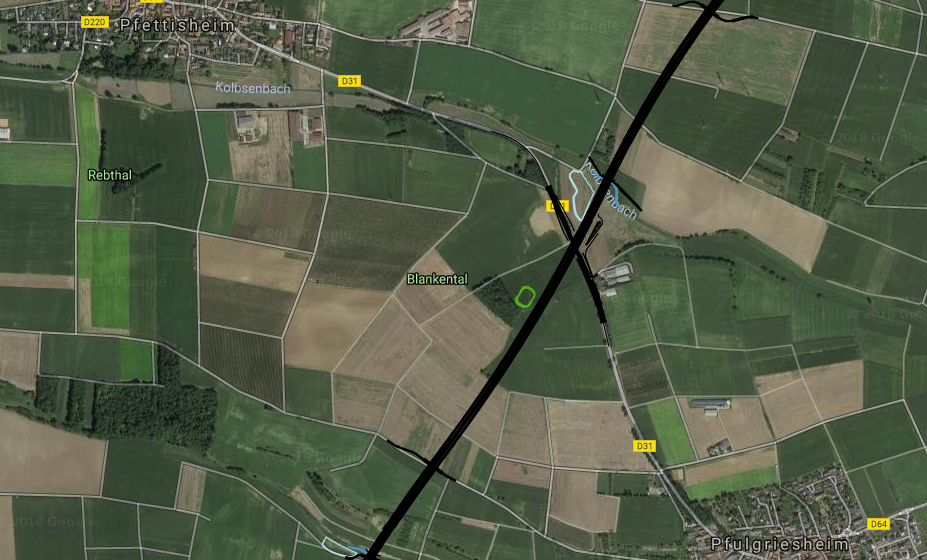 Le tracé du GCO passe entre Pfulgriesheim et Pfettisheim. (visualisation Google Earth par Arcos)