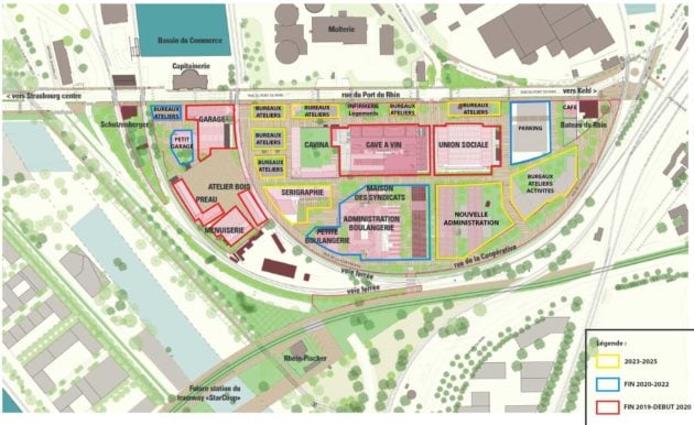 La Virgule est la partie ouest du site de la Coop, à côté du demi-cercle au centre du plan. La "maison d'angle" se situe au nord est du "garage". Cliquez sur l'image pour l'agrandir. (plan fourni fin 2018 par la SPL des Deux-Rives)