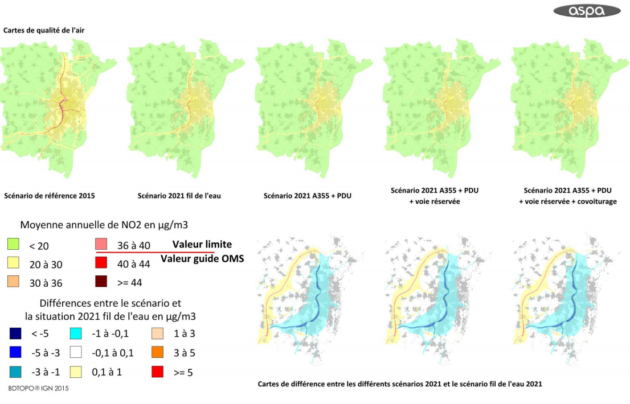 Le bleu représente une baisse de pollution au NO2 et le jaune et rouges les augmentations. Les parties grises représentent les habitants. (extrait etude Atmo Grand Est, cliquez pour agrandir)