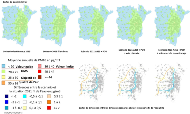 Le bleu représente une baisse de pollution aux PM10 et le jaune et rouges les augmentations. Les parties grises représentent les habitants. (extrait etude Atmo Grand Est, cliquez pour agrandir)