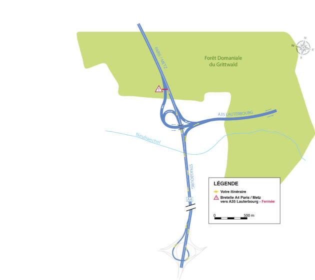 Les constructeurs du GCO conseillent de prolonger le trajet sur l'A35 vers le sud avant de remonter au nord. (document Arcos / Sanef)