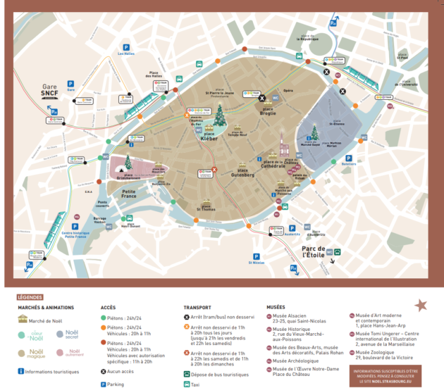 Le plan et les infos pratiques de la 448è édition du Marché de Noël de Strasbourg du 23 novembre au 30 décembre 2018. (cliquez sur le plan pour agrandir / Document Ville de Strasbourg et Office de Tourisme)