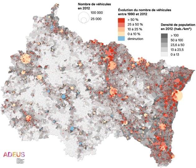 Le nombre de véhicules personnels a augmenté à peu près partout (carte Adeus)