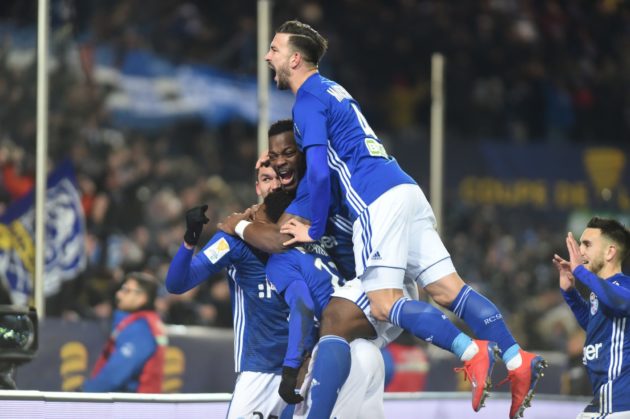 Les joueurs du Racing, qui célèbrent le but de Lebo Mothiba face à Bordeaux (Photo / Franck Kobi / RCSA / doc remis)