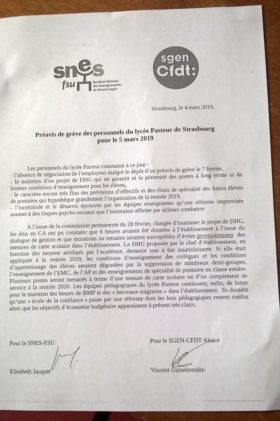 Le tract du SNES et de la CFDT à propos du lycée Pasteur (doc remis)