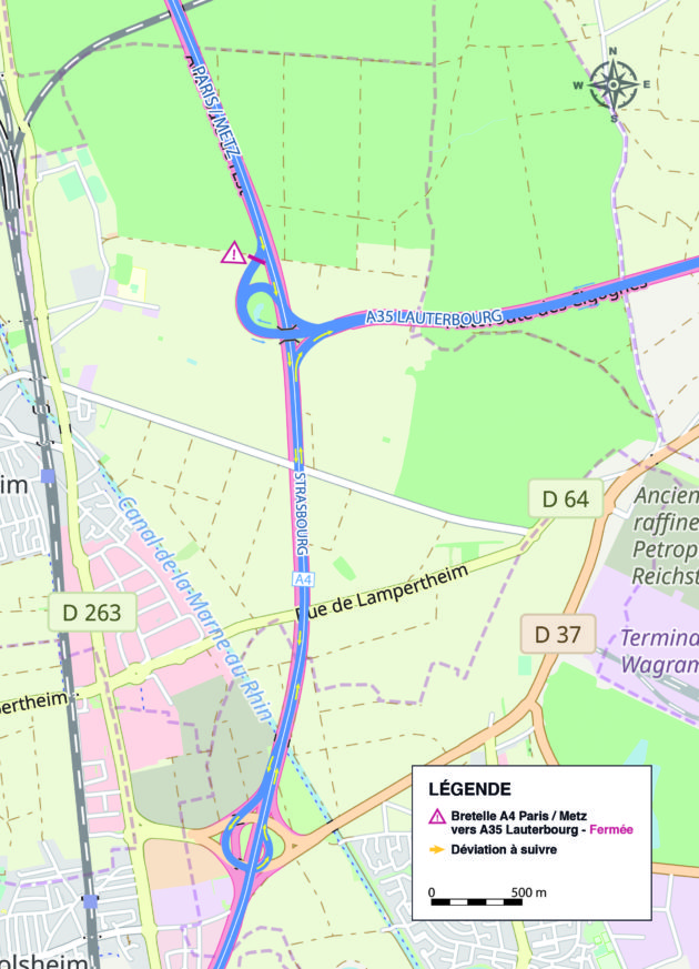 Travaux de trois mois en 2019 en venant de Paris/Metz (A4) vers Lauterbourg au nord (A35)