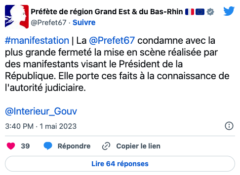 Tweet préfecture bas-rhin 1er mai 2023